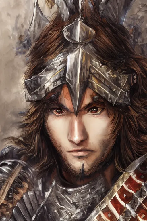 Prompt: A realistic anime portrait of a young handsome male barbarian with long wild hair, intricate fantasy spear, plated armor, D&D, dungeons and dragons, tabletop role playing game, rpg, jrpg, digital painting, by Yoshitaka Amano and Ayami Kojima and Akihiko Yoshida, digtial painting, trending on ArtStation, SFW version