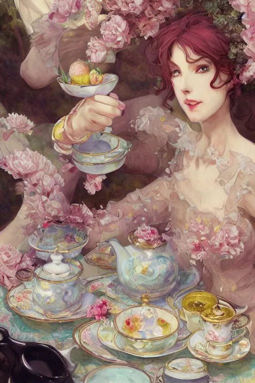 Image similar to a beautiful painting of afternoon tea, rose, black tea, highly detailed, shimmering and prismatic, rococo, by krenz cushart and mucha and monet, trending on artstation.