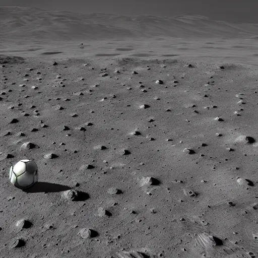 Prompt: 3 d render of a green soccer pitch on the moon, extreme long shot, unreal engine, realistic