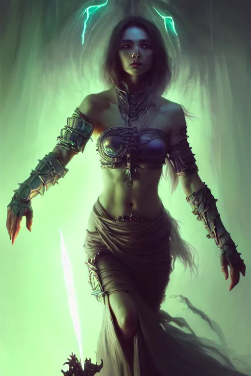Image similar to beautiful necromancer girl, sorceress, three - dimensional rendering, hyperrealistic detailed portrait holding light and electricity, ruan jia, clap. scifi, fantasy, magic the gathering, over - detailed, octane rendering, concept art by artgerm, peter murbacher, detailed and complex environment