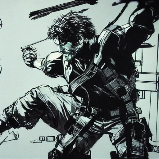 Image similar to solid snake fighting sam fisher by yoji shinkawa, concept art