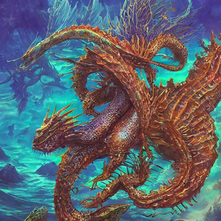 Prompt: underwater sea dragon full body, d & d style, trending on artstation, intricate, highly detailed, vivid painting, colorful, art by alexandr leskinen