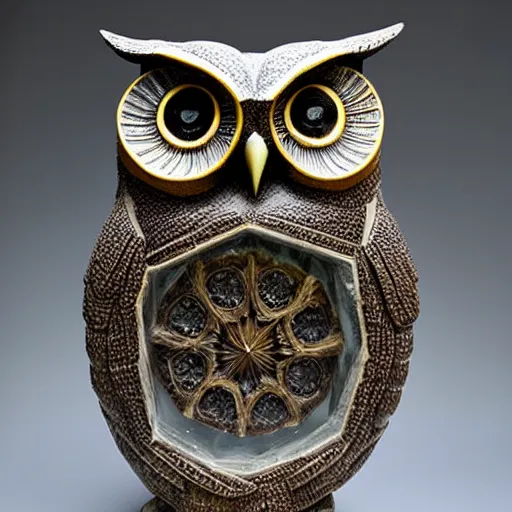 Prompt: symmetrical detailed sculpture of an owl, made of Resin