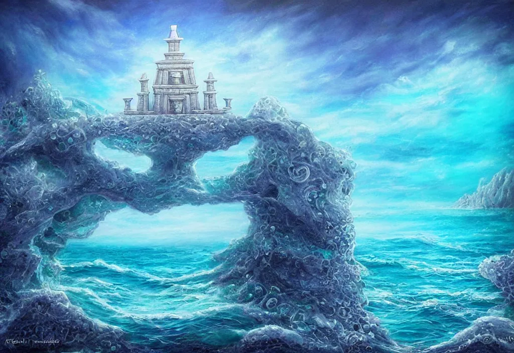 Prompt: ocean temple made out of crystalline blue stone, fantasy, mystical, ocean, 3 d, painting, ocean, water