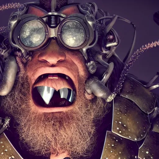 Image similar to highly detailed octane render of a close up portrait of an ugly man with a giant beard wearing goggles and armour and screaming in a cave whilst surrounded by large insects