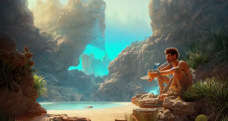 Image similar to a male desert vagabond sitting next to an oasis!!!! with crystal clear water surrounded by sand dunes, by wlop and peter mohrbacher, extremely detailed shading, concept art, digital painting, trending on artstation, unreal engine 5, octane render, atmosphere, glow, cinematic lighting, full of color