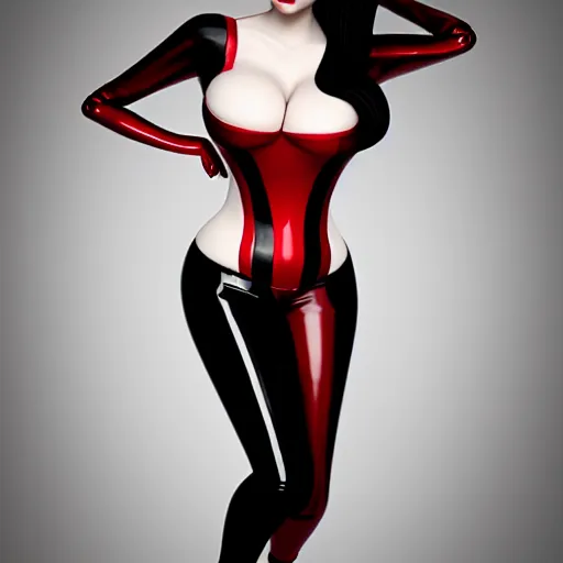 Prompt: portrait of a curvy pale goth woman with a modest elaborate elegant red-silver-black multilayered latex striped tight high-neck outfit, cgsociety, photorealistic, sublime-cool-badass-hyperadvanced, 16k, smooth, sharp focus, trending on ArtStation, volumetric lighting