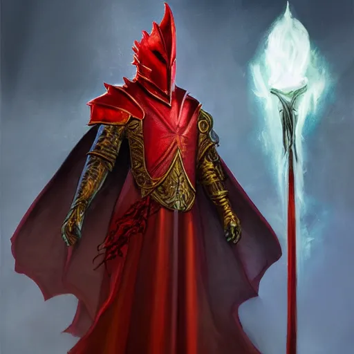 Prompt: a very elegant fantasy oil painting of a fantasy knight and a magical wizard robe made of dragon hide combination, red glowing magic, medieval armor, custom armor design, pointy, the red glows coming through the knight helmet, paint smears, digital art, character design, d & d character, heavy shading, master of fantasy art