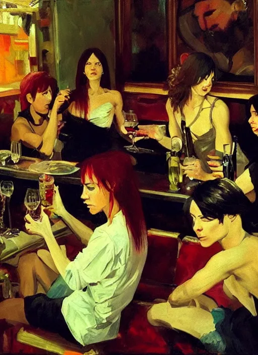 Image similar to glam rocker drinking brutal and raw wine with their friends, inside a green room with red lights, renaissance painting, joaquin sorolla, makoto shinkai, phil hale, extremely detailed