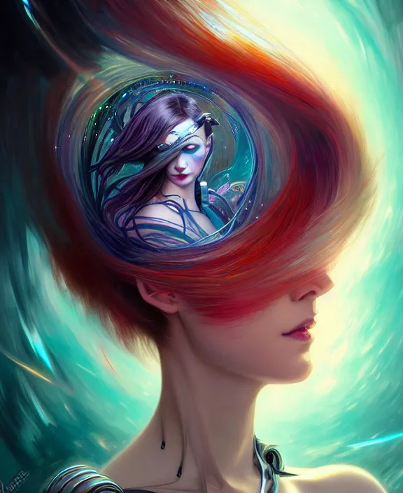 Image similar to a whirlwind of souls rushing inside the metaverse, half body, jewelry, fashionable haircut, android, cyborg, cyberpunk face, by loish, d & d, fantasy, intricate, elegant, highly detailed, colorful, vivid color, digital painting, artstation, concept art, art by artgerm and greg rutkowski and alphonse mucha