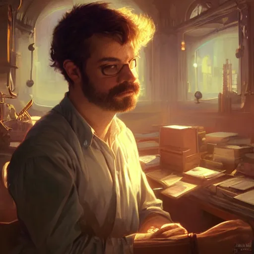 Image similar to an IT guy who is a nerd, surrounded by Computers, D&D, fantasy, intricate, cinematic lighting, highly detailed, digital painting, artstation, concept art, smooth, sharp focus, illustration, art by Artgerm and Greg Rutkowski and Alphonse Mucha