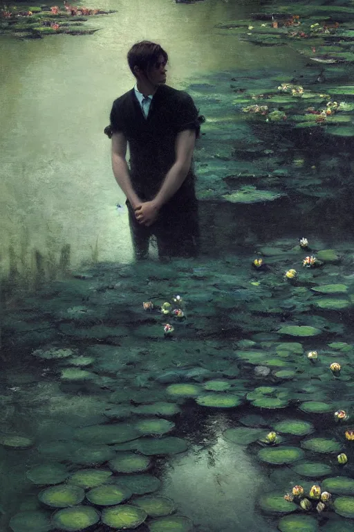 Prompt: detailed cinematic moody colors studio portrait of a young victorian gentleman in a beautiful victorian water pond, water lilies, high quality by jeremy mann, only one head single portrait