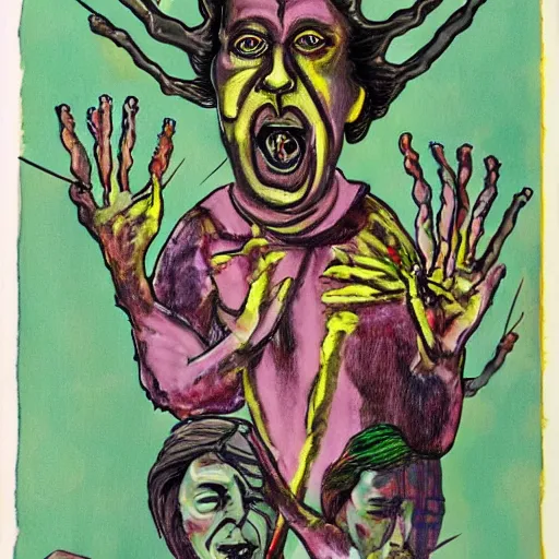 Image similar to bill hicks in the style of francis bacon with eight arms in the style of a hindu deity