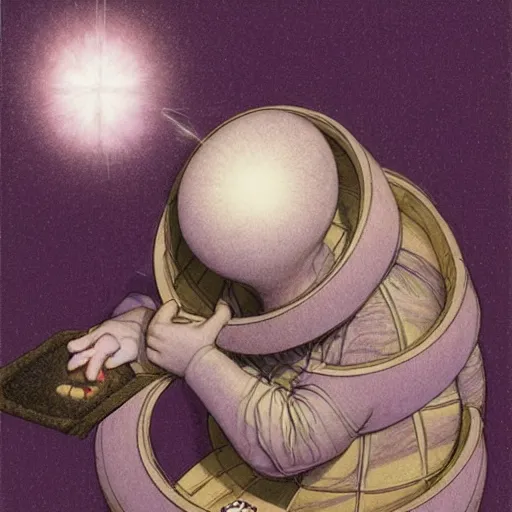 Prompt: A installation art. A rip in spacetime. Did this device in his hand open a portal to another dimension or reality?! warm violet by Chris Ware, by Brian Froud defined, realist