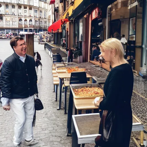 Prompt: a blonde woman & Michael mcintyre searching for food in Porto