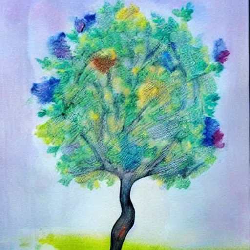 Image similar to a tree that grows around and protects a running girl, the girl cries and her tears feed the tree so it grows beautiful flowers, painting with soft colors, dark optimism