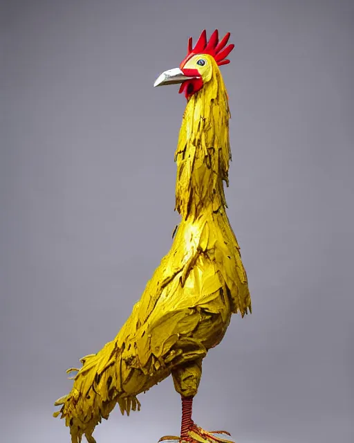 Image similar to maquette sculpture of a 7 foot tall giant chicken like prehistoric bird with iridescent feathers and wearing a yellow raincoat and gas mask. hyperreal