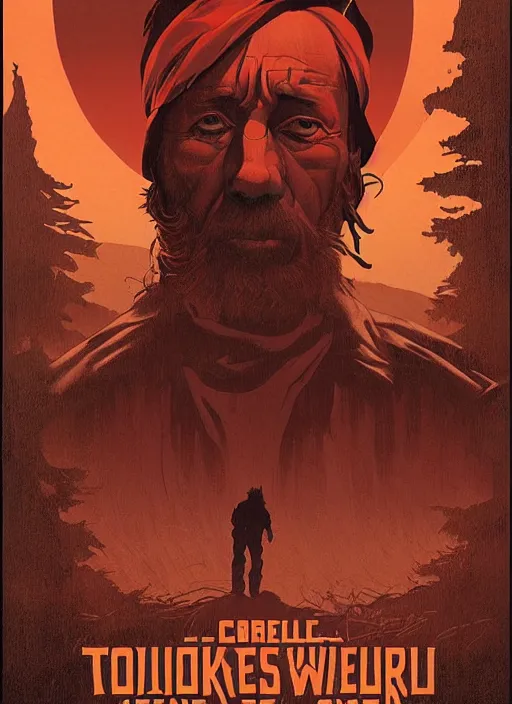 Image similar to poster artwork by Michael Whelan and Tomer Hanuka, Karol Bak of Chuck Norris as the local homeless man in the small town who has a spiritual connection to the world and is the protector of the woods, from scene from Twin Peaks, clean