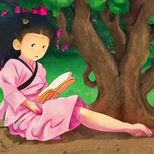 Image similar to little girl with long curly red hair dressed in a pink kimono and sitting next to a tree while reading a book, artwork made in street fighter art style inspired in balthus and made in abyss