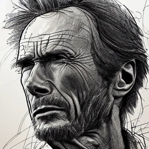 Image similar to a realistic yet scraggly portrait sketch of the side profile of a stern and sophisticated clint eastwood, trending on artstation, intricate details, in the style of frank auerbach, in the style of sergio aragones, in the style of martin ansin, in the style of david aja, in the style of mattias adolfsson