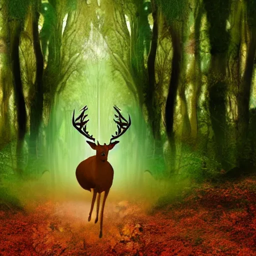 Prompt: epic professional digital art of a bright forest with a deer galloping towards you.