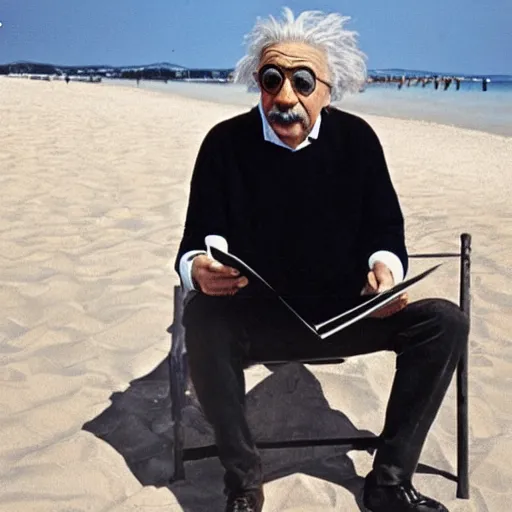 Prompt: einstein wearing black aviators and reading relativity is a dumb approach on beach