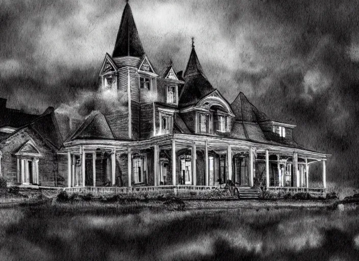Prompt: a haunted mansion atop a hill during a thunder storm, scary, night, lighting, cinimatic, movie, horror, photorealism