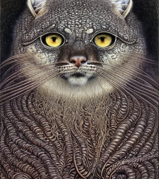 Image similar to detailed realistic beautiful manul portrait by jean delville, gustave dore, iris van herpen and marco mazzoni, art forms of nature by ernst haeckel, art nouveau, symbolist, visionary, gothic, neo - gothic, pre - raphaelite, fractal lace, intricate alien botanicals, ai biodiversity, surreality, hyperdetailed ultrasharp octane render