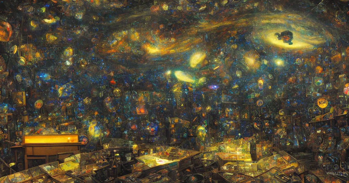 Prompt: Realistic photograph of retro interier of glass museum, full of thousands of glass televisions from different places of our universe, incredible sharp details, back light contrast, dramatic dark atmosphere, bright vivid colours, reclections, reflective ground, speculars, refractions, light disperions, painted by Gustave Dore, George Inness, Lee Madgwick