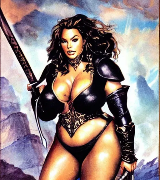 Prompt: 1 9 8 0 s fantasy novel book cover, bbw plus size amazonian sofia vergara in extremely tight bikini armor wielding a cartoonishly large sword, exaggerated body features, dark and smoky background, low quality print