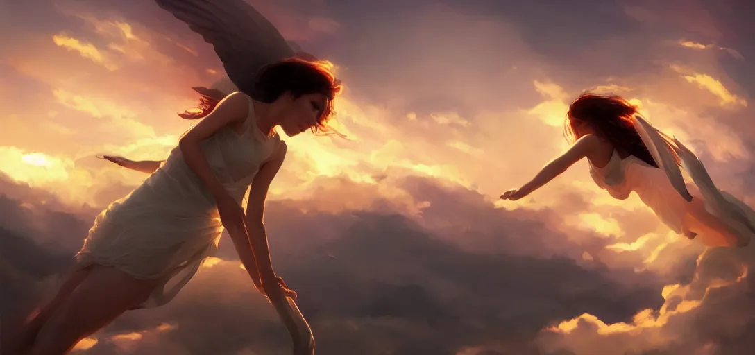 Image similar to beautiful woman angel flying peacefully, dramatic clouds, sunset, hazy, gentle, soft lighting, wojtek fus, by Makoto Shinkai and Ilya Kuvshinov,