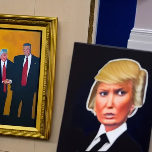 Image similar to FBI agents standing in front Donald’s trump safe in his office with a painting of Ivanka trump hanging over the safe