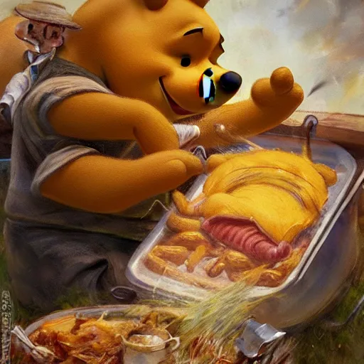 Prompt: close up of winnie the pooh cooking a hog roast, cinematographic shot, by daniel f. gerhartz