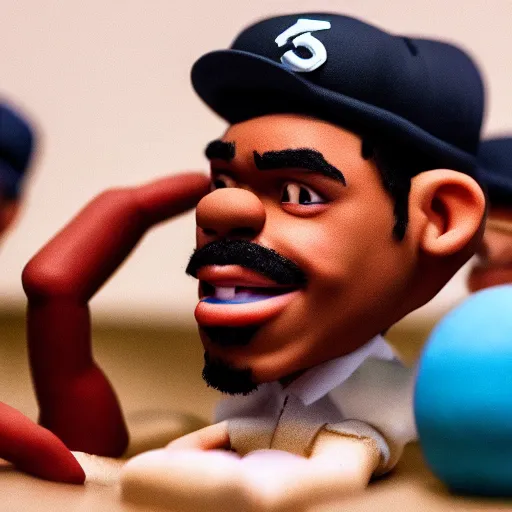 Image similar to a cinematic film still of a claymation stop motion film starring chance the rapper as a college student, shallow depth of field, 8 0 mm, f 1. 8