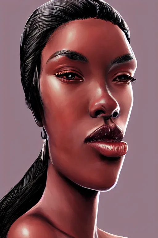 Prompt: A bust of a beautiful black skinned Australian indigenous girl with large lips and smooth eyebrows and straight hair, HD, illustration, epic, fantasy, intricate, elegant, amazing detail, digital painting, artstation, concept art, smooth, sharp focus, illustration, art by Turine Tran