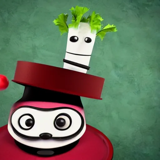 Image similar to a sentient radish wearing a top hat and monocle, greets travellers on a lavish train, realistic rendering