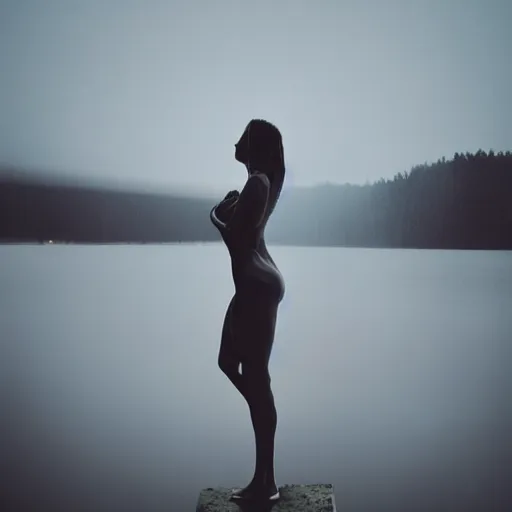 Prompt: modern sculpture of a beautiful woman on the rain, on a lake, faith, full body, low angle, night, surrounded by smoke, shadows, award winning photography