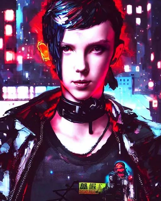 Image similar to photo of cyberpunk millie bobby brown by yoji shinkawa