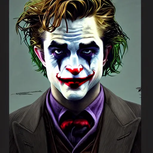 Image similar to handsome Robert Pattinson as Joker, western, D&D, fantasy, intricate, elegant, highly detailed, digital painting, artstation, concept art, matte, sharp focus, illustration, art by Artgerm and Greg Rutkowski and Alphonse Mucha