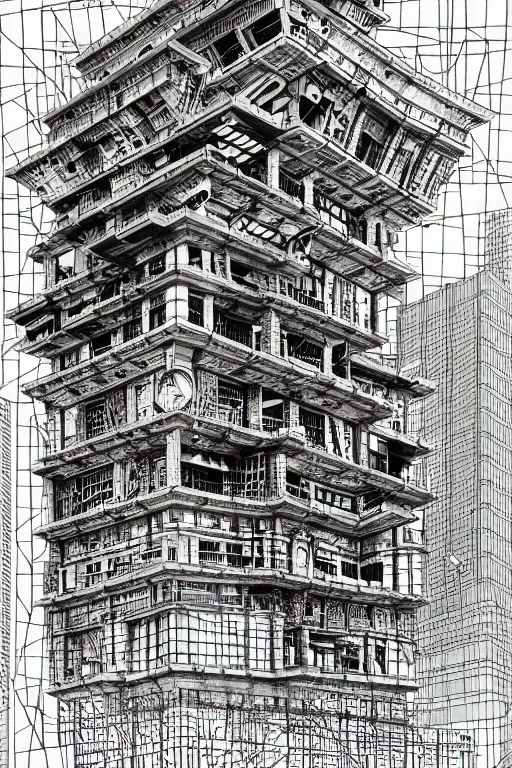 Prompt: a black and white drawing of a building, a detailed mixed media collage by hiroki tsukuda and eduardo paolozzi, intricate linework, sketchbook drawing, street art, polycount, deconstructivism, matte drawing, academic art, constructivism