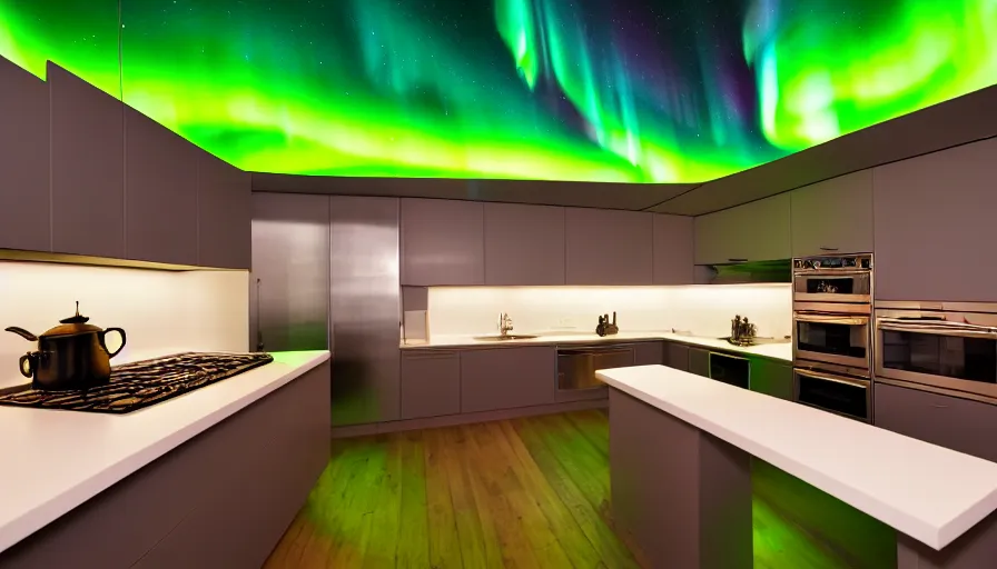 Prompt: a photo of aurora borealis localized entirely within gordon ramsay's kitchen, while gordon is preparing steamed clams, color photography, high quality, volumetric light, beautiful, 4 k