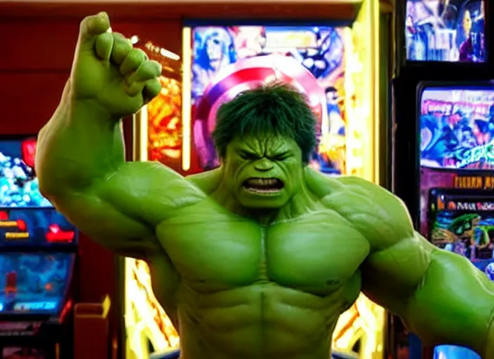 Prompt: film still of hulk playing pinball in the new avengers movie, 4 k