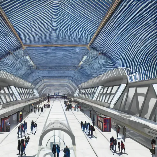 Image similar to elaborate and beautiful train station hall filled with travelers, designed by zaha hadid, bold colored walls, tall ceilings, large windows, lots of bold colors, unique architecture, sunbeams unreal engine 5 render, keyshot render, octane render, ultra high detail, ultra realistic, 8k