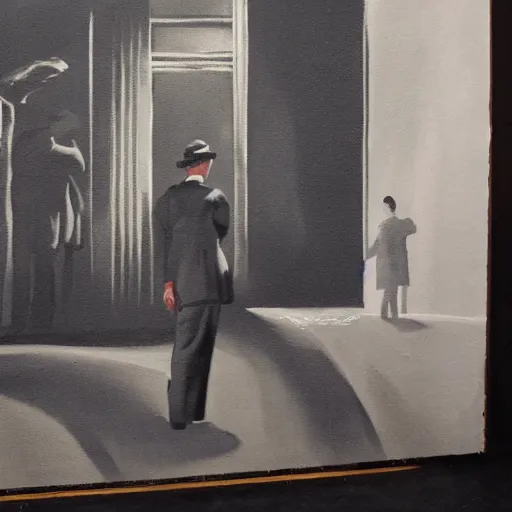 Prompt: backdrop painting for 1940s noir movie, detailed