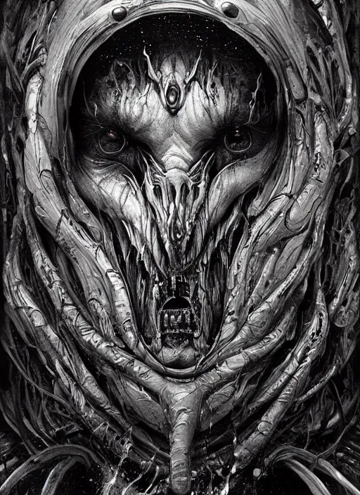 Image similar to a dream portrait of a anthropomorphic beast with three eyes, black & white, melting, webbing, 8 k, by tristan eaton, stanley artgerm, tom bagshaw, greg rutkowski, carne griffiths, ayami kojima, beksinski, giger, trending on deviantart, face enhance, hyper detailed, minimalist, horror, alien