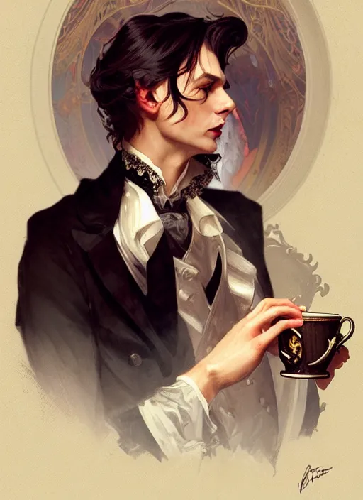 Image similar to an aristocrat talking to dorian gray over a cup of tea, digital painting, artstation, concept art, smooth, sharp focus, illustration, art by artgerm and greg rutkowski and alphonse mucha