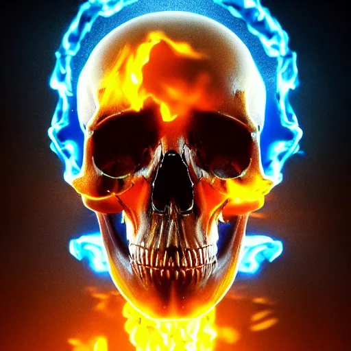 Prompt: a highly detailed human skull with intricate designs on fire in front of a neon blue background, 3 d, fire through eyes, octane render, symmetrical, hyper realism, highly detailed, digital art, artstation, concept art, cinematic lighting, strong bokeh, trending