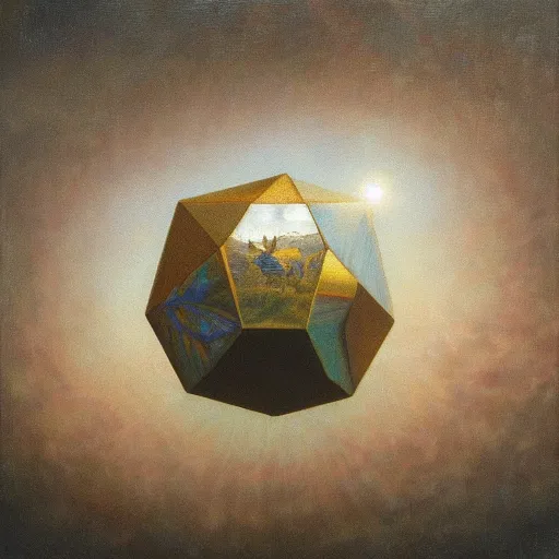 Image similar to a highly detailed oil painting of an icosahedron floating above a reflective lake, Agostino Arrivabene