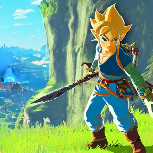 Image similar to a screencap of the legend of zelda breath of the wild, of goku in breath of the wild