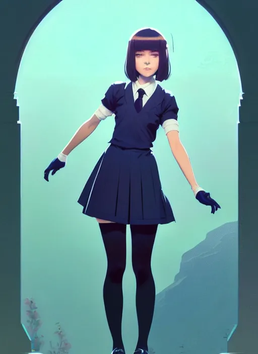 Image similar to full body beautiful and cute and aesthetic school girl greeting, very slightly smiling, wave a hand at the camera, perfect face, symmetric eyes, sharp focus, specular reflection, occlusion shadow, artstation, by ilya kuvshinov and jeremy lipking and quentin mabille, light novel cover art, 3 d epic illustrations, symmetric body